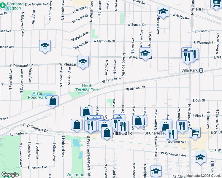 map of restaurants, bars, coffee shops, grocery stores, and more near 425 West Terrace Street in Villa Park