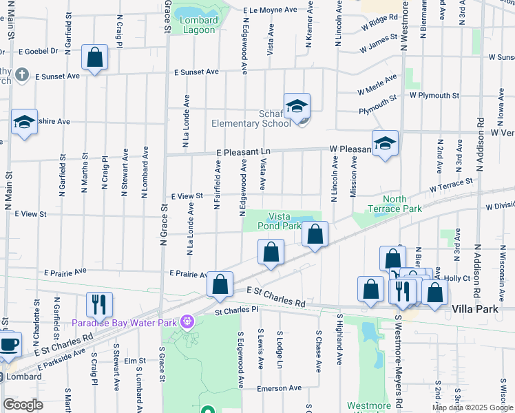 map of restaurants, bars, coffee shops, grocery stores, and more near 635 East View Street in Lombard