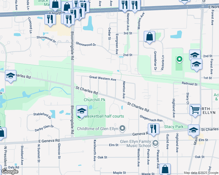 map of restaurants, bars, coffee shops, grocery stores, and more near 915 Dawn Avenue in Glen Ellyn
