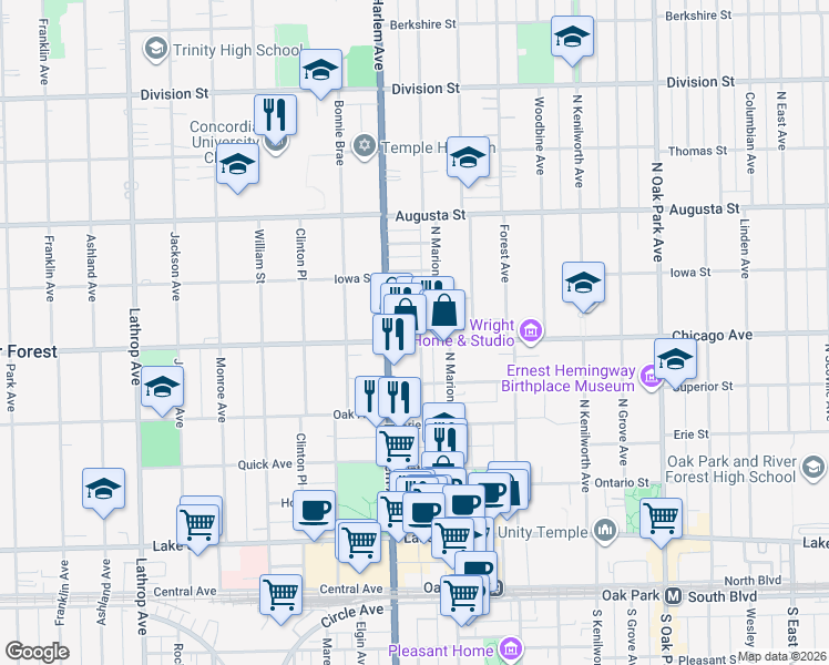 map of restaurants, bars, coffee shops, grocery stores, and more near 1120 Chicago Avenue in Oak Park