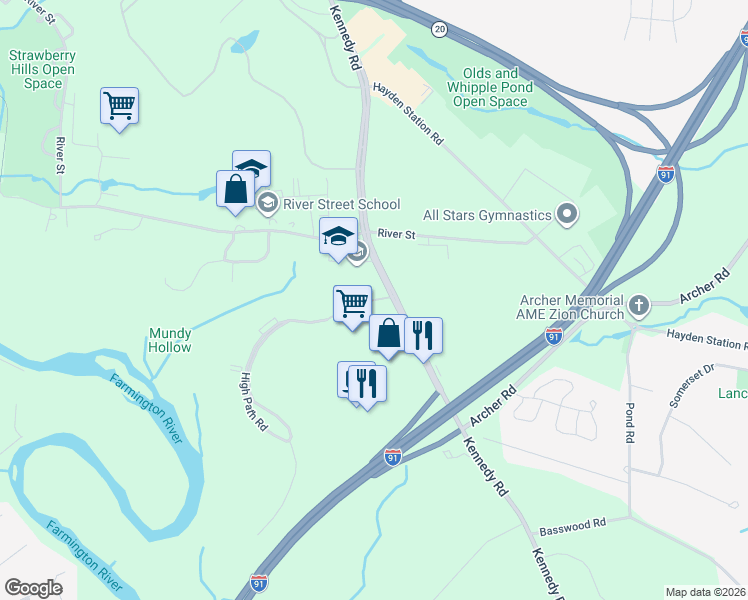 map of restaurants, bars, coffee shops, grocery stores, and more near 255 High Path Road in Windsor