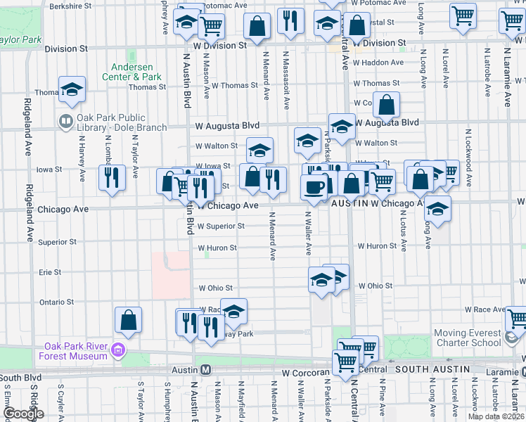 map of restaurants, bars, coffee shops, grocery stores, and more near 5811 West Chicago Avenue in Chicago
