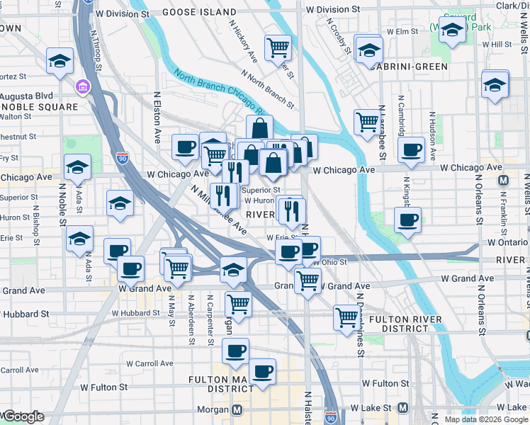 map of restaurants, bars, coffee shops, grocery stores, and more near 617 North Green Street in Chicago