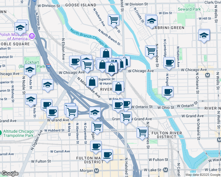 map of restaurants, bars, coffee shops, grocery stores, and more near 617 North Green Street in Chicago