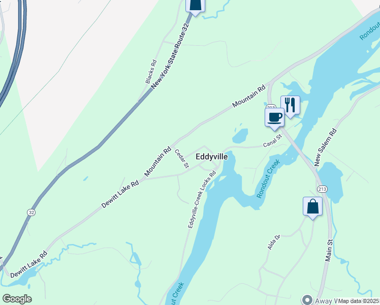 map of restaurants, bars, coffee shops, grocery stores, and more near 11 Cutler Hill Road in Eddyville