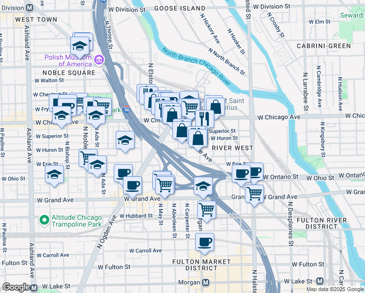 map of restaurants, bars, coffee shops, grocery stores, and more near 1040 West Huron Street in Chicago