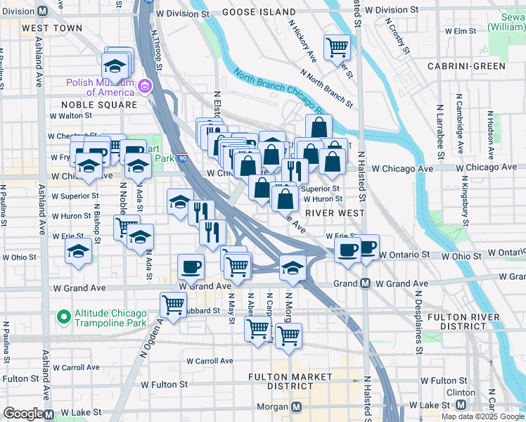 map of restaurants, bars, coffee shops, grocery stores, and more near 1040 West Huron Street in Chicago