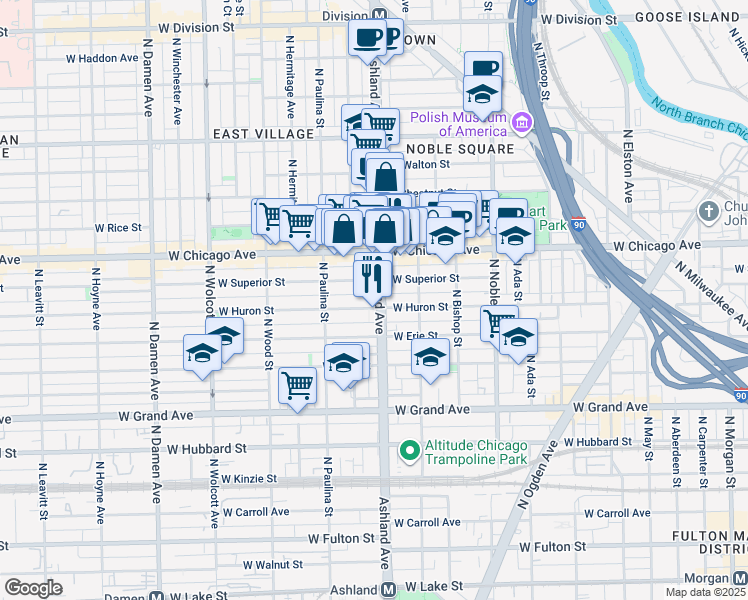 map of restaurants, bars, coffee shops, grocery stores, and more near 1605 West Superior Street in Chicago