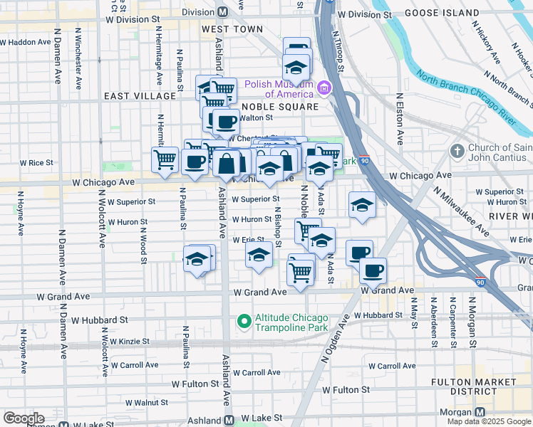 map of restaurants, bars, coffee shops, grocery stores, and more near 1453 West Superior Street in Chicago