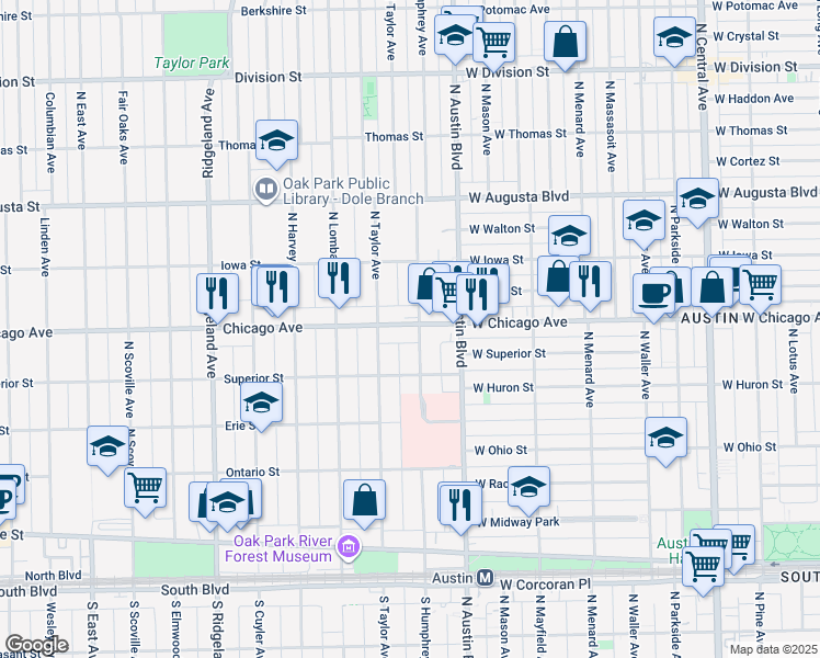 map of restaurants, bars, coffee shops, grocery stores, and more near 35 Chicago Avenue in Oak Park