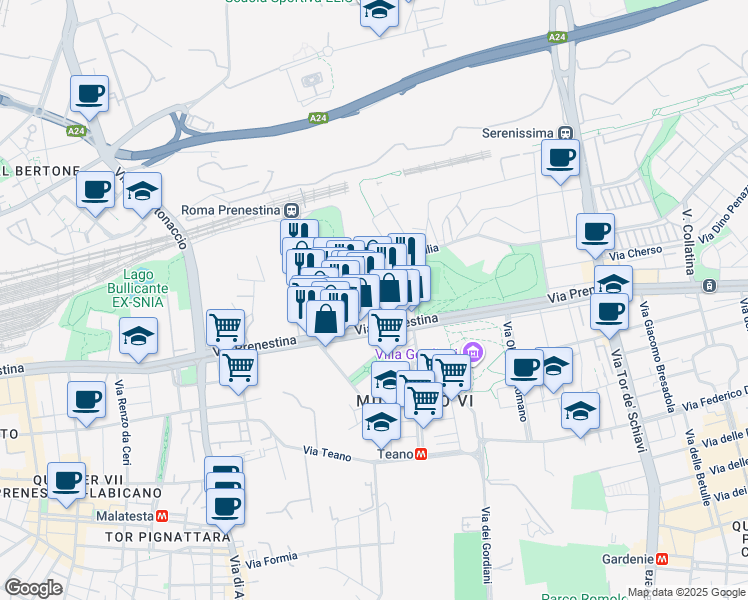 map of restaurants, bars, coffee shops, grocery stores, and more near 10 Via Silvio Benco in Roma