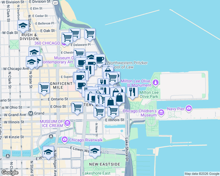 map of restaurants, bars, coffee shops, grocery stores, and more near 409-499 East Huron Street in Chicago