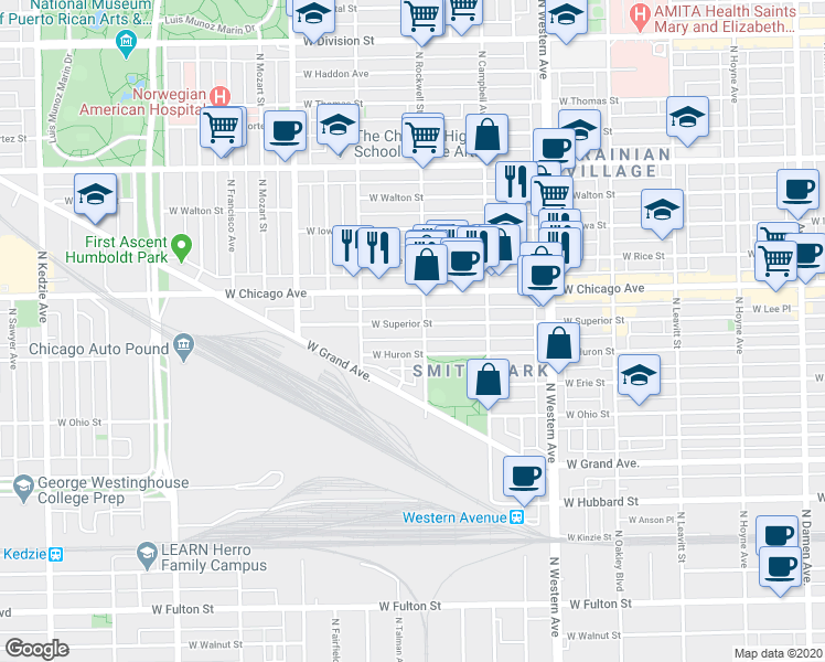 map of restaurants, bars, coffee shops, grocery stores, and more near 2609 West Superior Street in Chicago