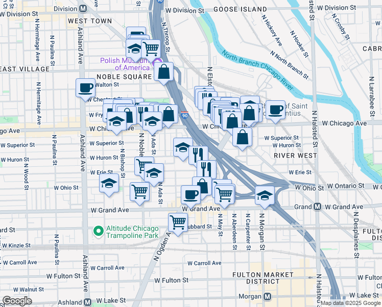 map of restaurants, bars, coffee shops, grocery stores, and more near 1216 West Huron Street in Chicago