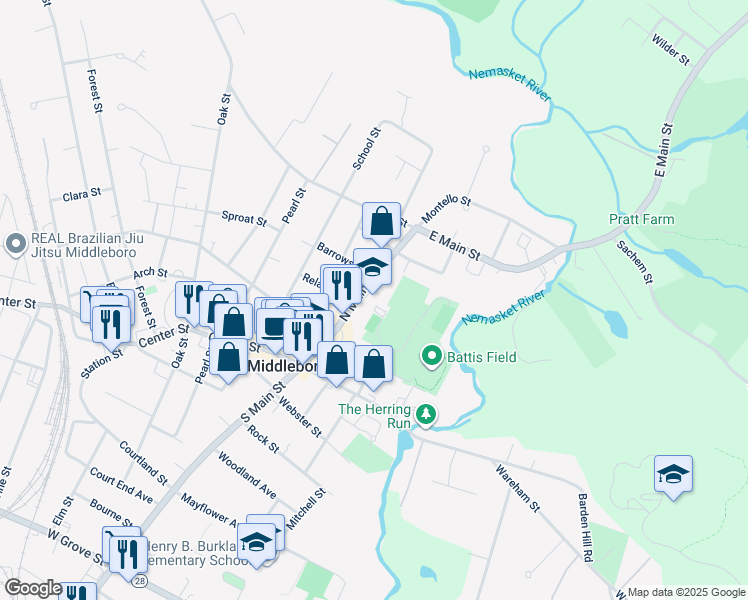 map of restaurants, bars, coffee shops, grocery stores, and more near 219 North Main Street in Middleborough