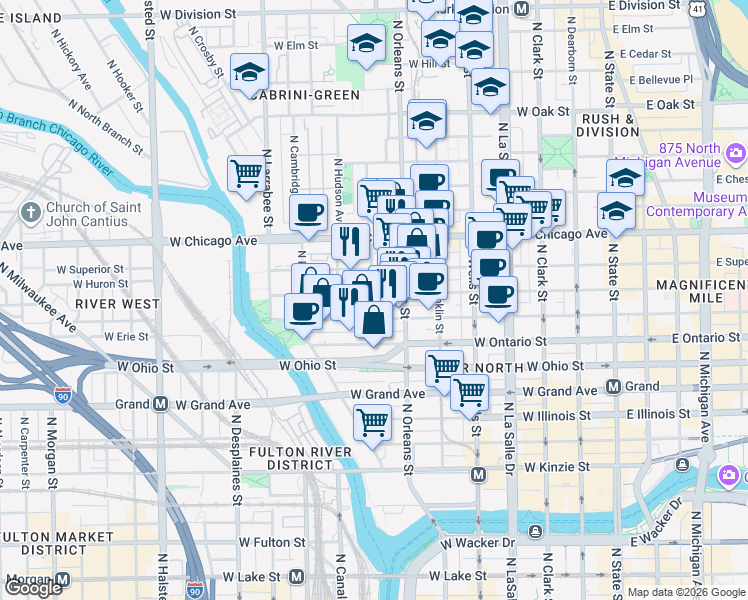 map of restaurants, bars, coffee shops, grocery stores, and more near 405 West Superior Street in Chicago