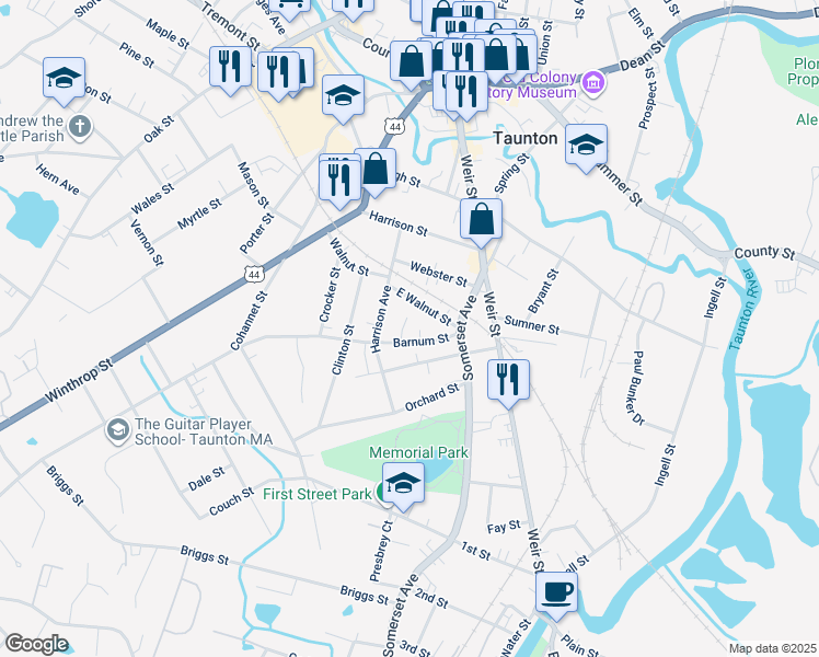 map of restaurants, bars, coffee shops, grocery stores, and more near 19 Barnum Place in Taunton