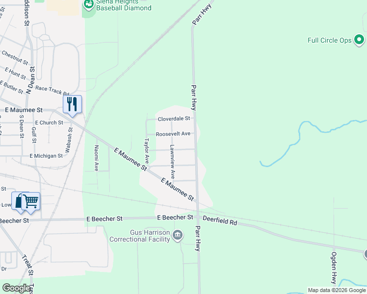 map of restaurants, bars, coffee shops, grocery stores, and more near 2741 Roosevelt Avenue in Adrian