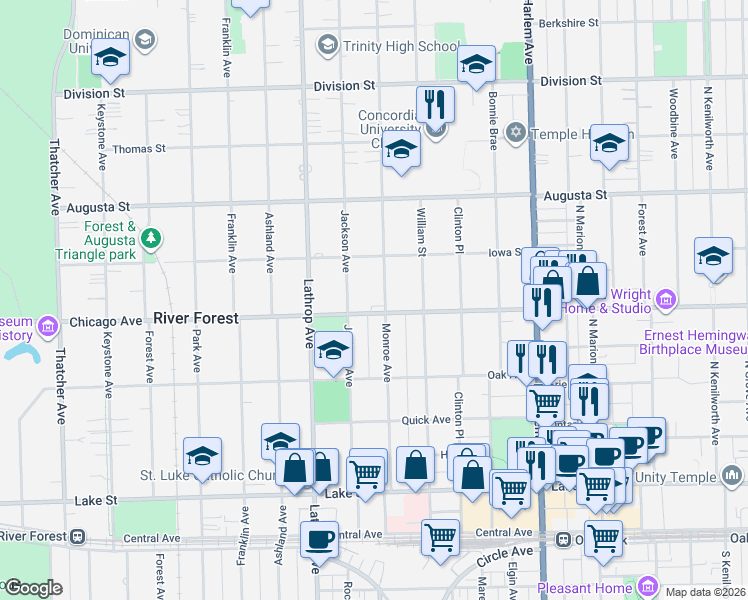 map of restaurants, bars, coffee shops, grocery stores, and more near 823 Monroe Avenue in River Forest