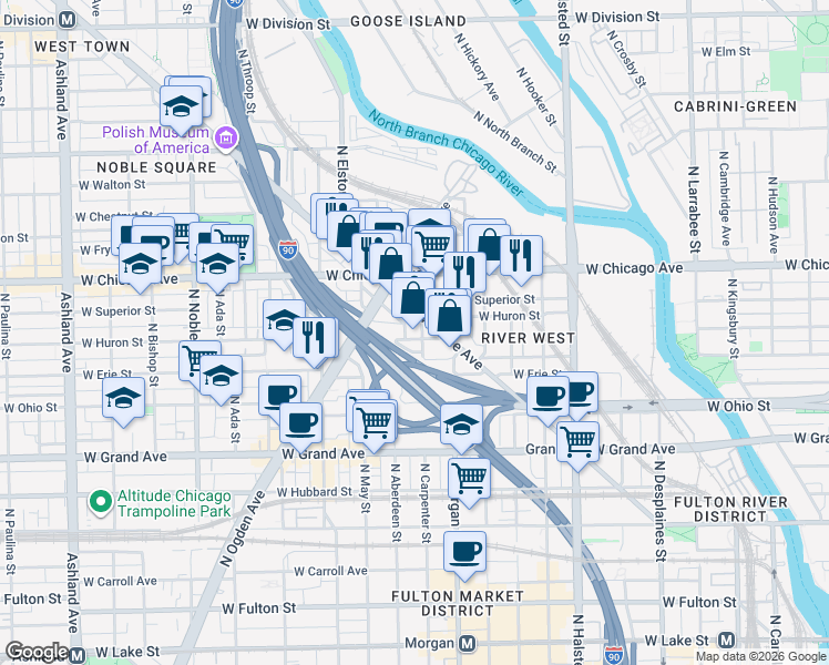 map of restaurants, bars, coffee shops, grocery stores, and more near 731 North Carpenter Street in Chicago