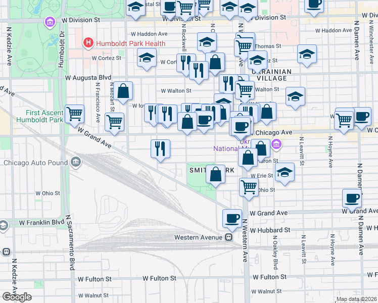 map of restaurants, bars, coffee shops, grocery stores, and more near 2557 West Superior Street in Chicago