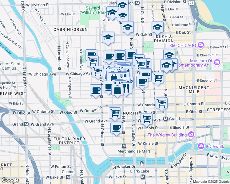 map of restaurants, bars, coffee shops, grocery stores, and more near 702 North Wells Street in Chicago