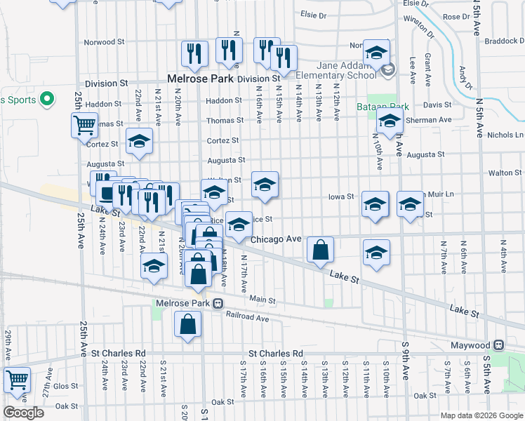 map of restaurants, bars, coffee shops, grocery stores, and more near 819 North 16th Avenue in Melrose Park