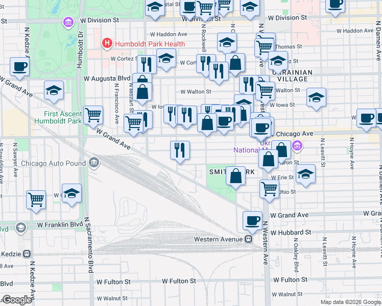 map of restaurants, bars, coffee shops, grocery stores, and more near 2630 West Superior Street in Chicago