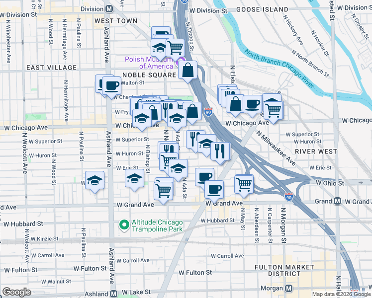 map of restaurants, bars, coffee shops, grocery stores, and more near 721 North Throop Street in Chicago