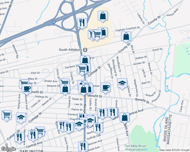 map of restaurants, bars, coffee shops, grocery stores, and more near 560 Grand Avenue in Pawtucket