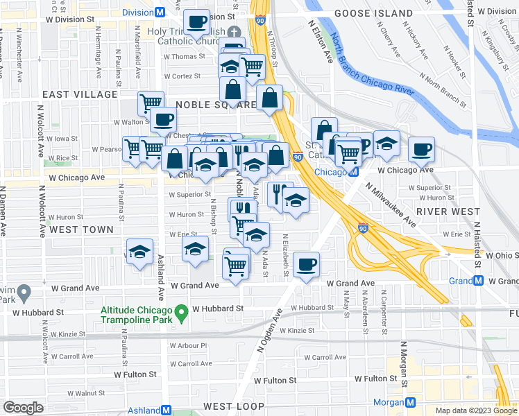 map of restaurants, bars, coffee shops, grocery stores, and more near 720 North Ada Street in Chicago