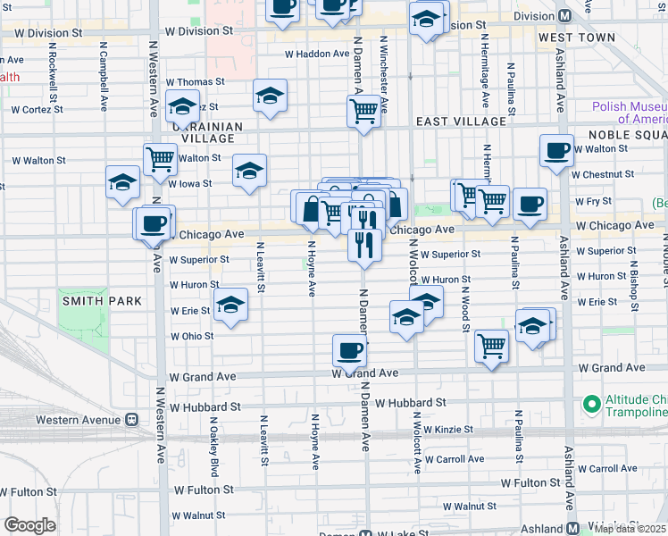 map of restaurants, bars, coffee shops, grocery stores, and more near 2022 West Superior Street in Chicago