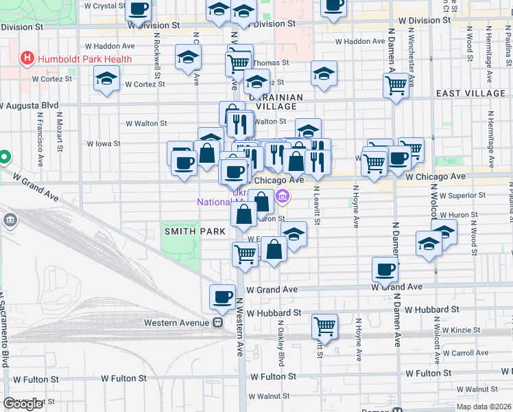 map of restaurants, bars, coffee shops, grocery stores, and more near 2333 West Superior Street in Chicago
