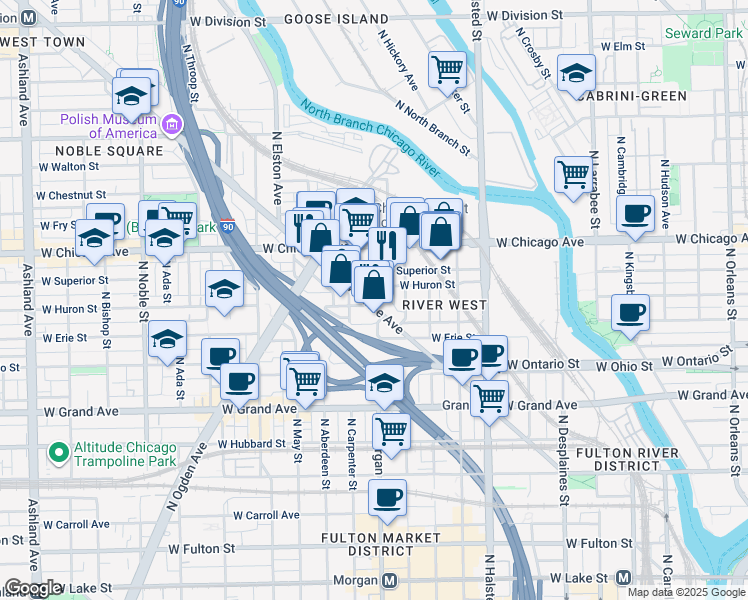 map of restaurants, bars, coffee shops, grocery stores, and more near 707 North Milwaukee Avenue in Chicago