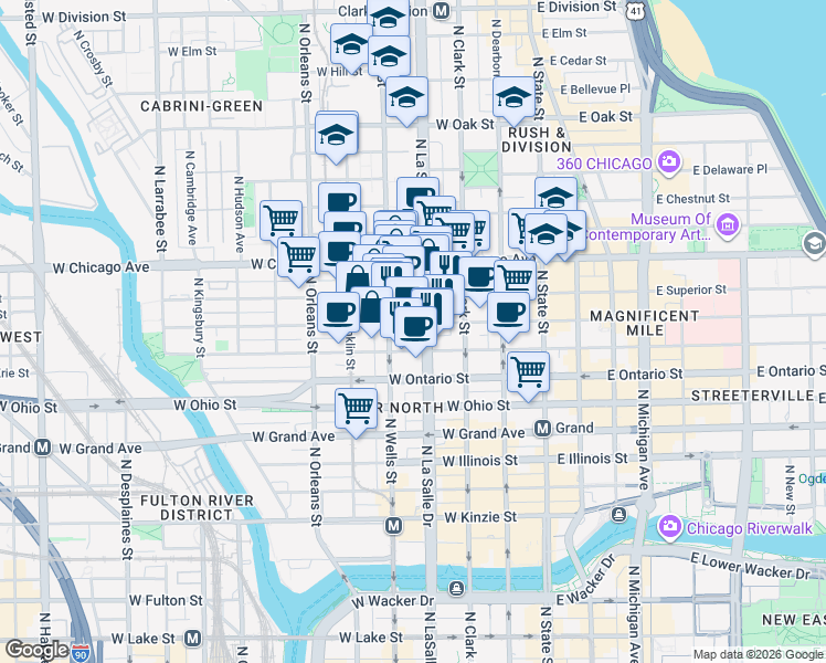 map of restaurants, bars, coffee shops, grocery stores, and more near in Chicago