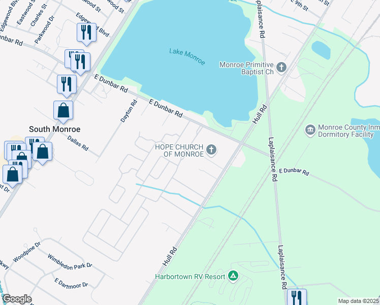 map of restaurants, bars, coffee shops, grocery stores, and more near 31 Oakridge East in Monroe