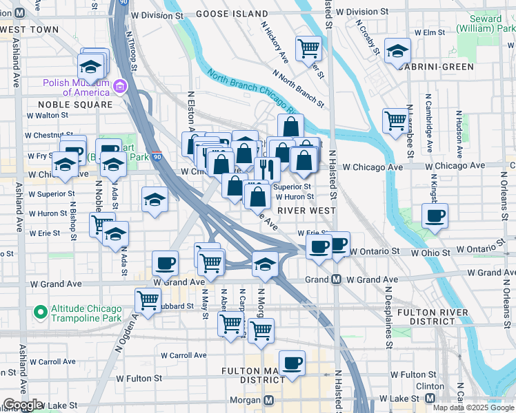map of restaurants, bars, coffee shops, grocery stores, and more near 957 West Huron Street in Chicago