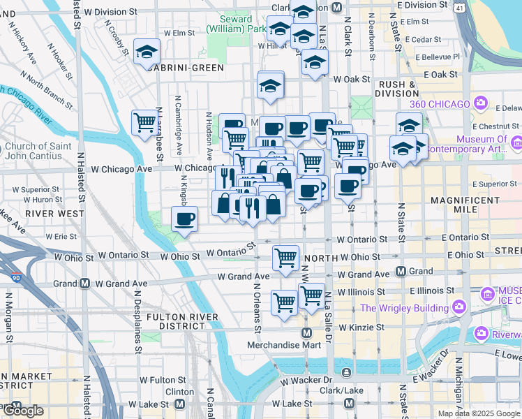 map of restaurants, bars, coffee shops, grocery stores, and more near 344 West Huron Street in Chicago