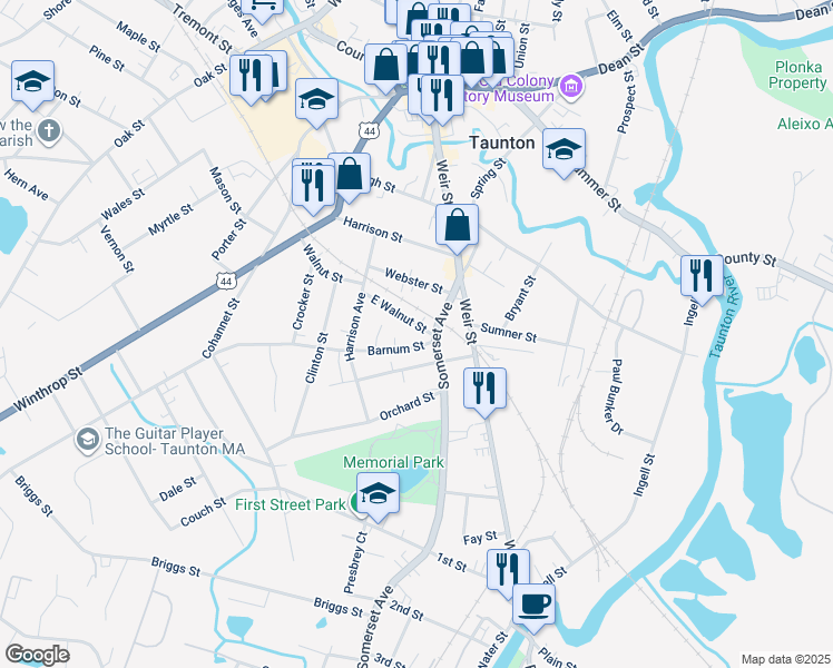 map of restaurants, bars, coffee shops, grocery stores, and more near 57 Somerset Avenue in Taunton