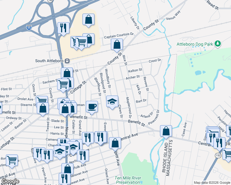 map of restaurants, bars, coffee shops, grocery stores, and more near 144 Clews Street in Pawtucket