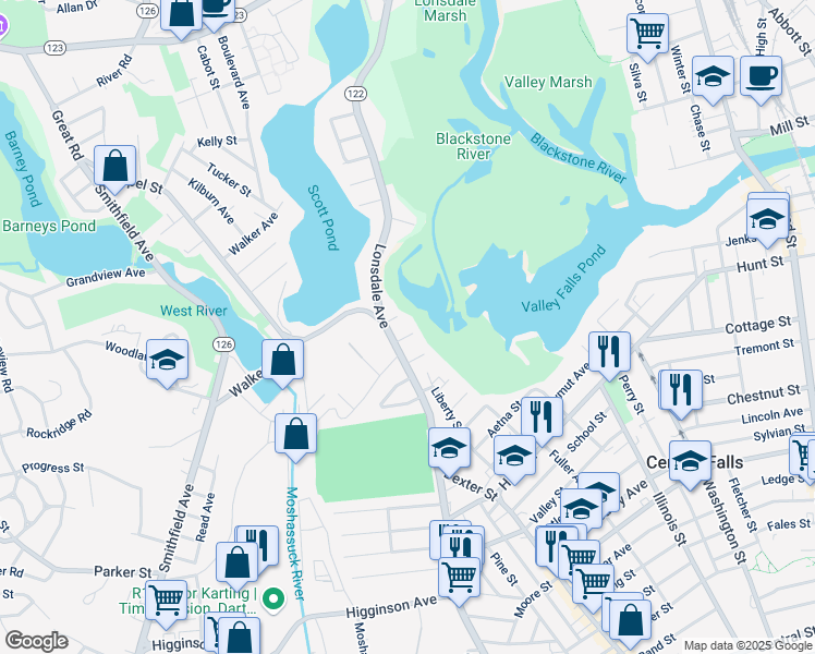 map of restaurants, bars, coffee shops, grocery stores, and more near 24 Richland Avenue in Central Falls