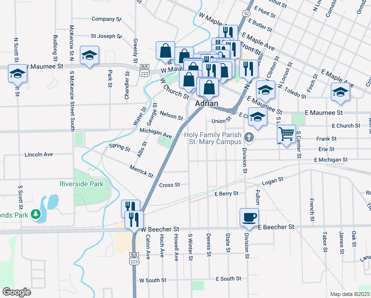 map of restaurants, bars, coffee shops, grocery stores, and more near 414 South Winter Street in Adrian