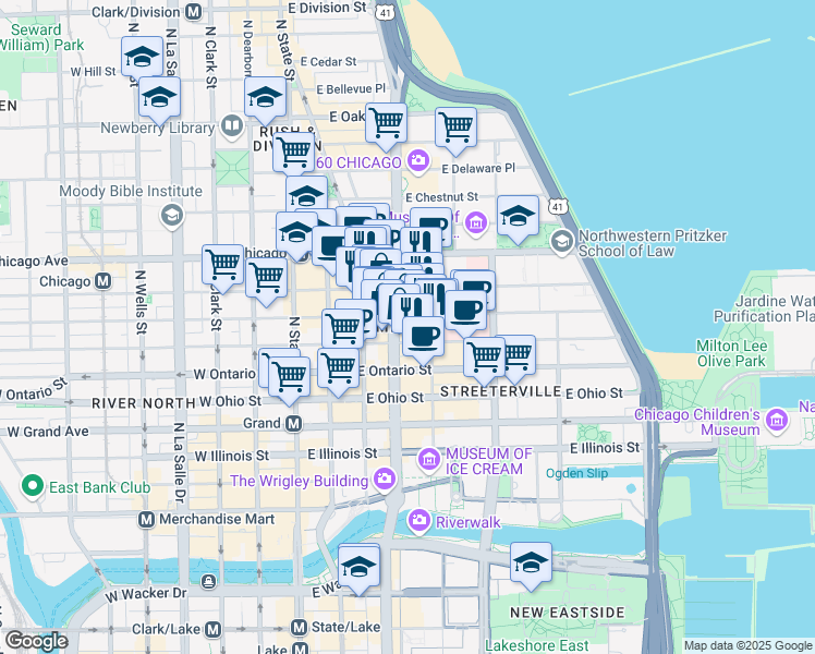 map of restaurants, bars, coffee shops, grocery stores, and more near 712 North Michigan Avenue in Chicago