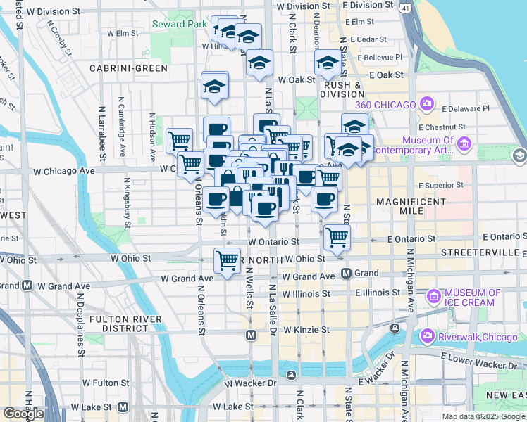 map of restaurants, bars, coffee shops, grocery stores, and more near in Chicago