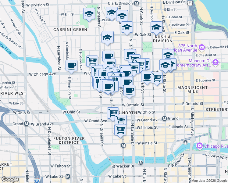 map of restaurants, bars, coffee shops, grocery stores, and more near 314 West Superior Street in Chicago