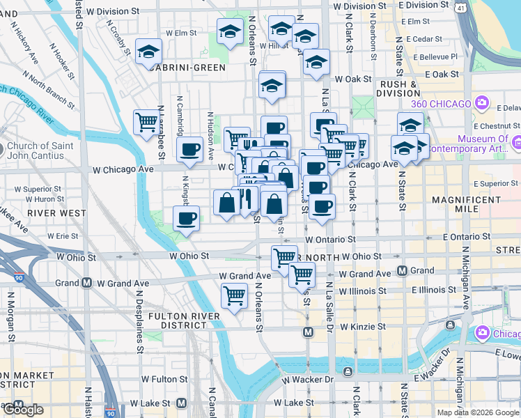 map of restaurants, bars, coffee shops, grocery stores, and more near 344 West Huron Street in Chicago