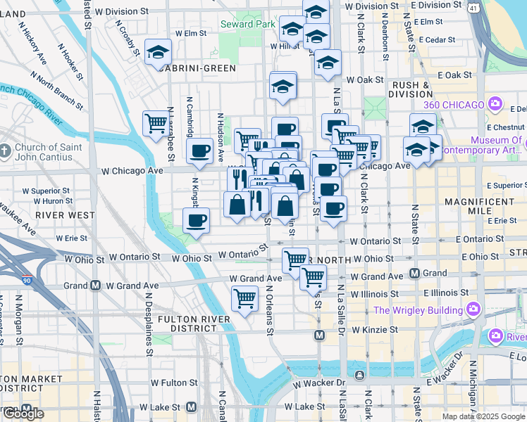 map of restaurants, bars, coffee shops, grocery stores, and more near 344 West Huron Street in Chicago