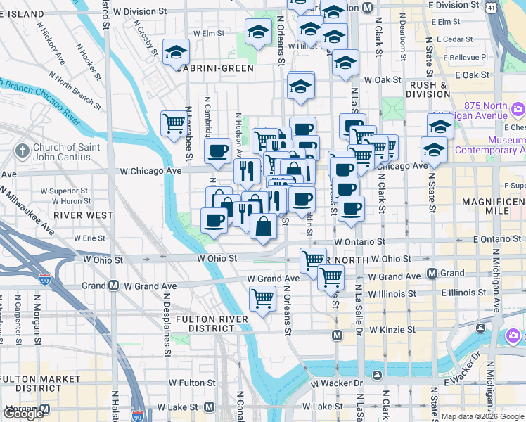 map of restaurants, bars, coffee shops, grocery stores, and more near 405 West Superior Street in Chicago
