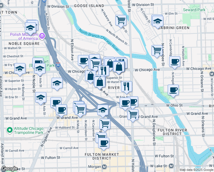 map of restaurants, bars, coffee shops, grocery stores, and more near 925 West Huron Street in Chicago