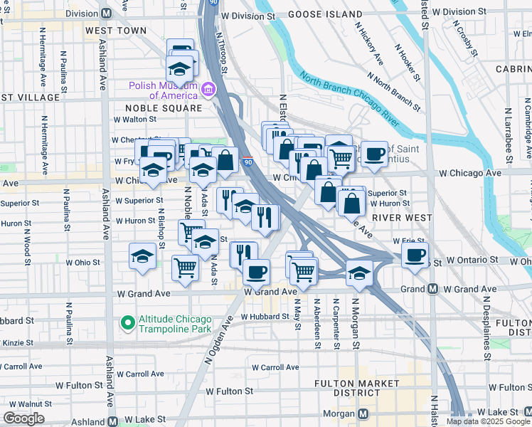 map of restaurants, bars, coffee shops, grocery stores, and more near 710 North Racine Avenue in Chicago